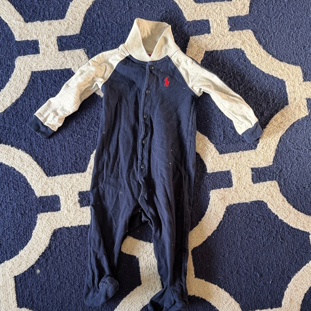 Ralph Lauren Navy and Gray baby button up Footie